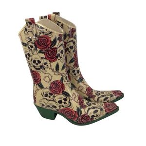 Nomad Yippy Western Cream and Red Skull Rose Heeled Rubber Boots